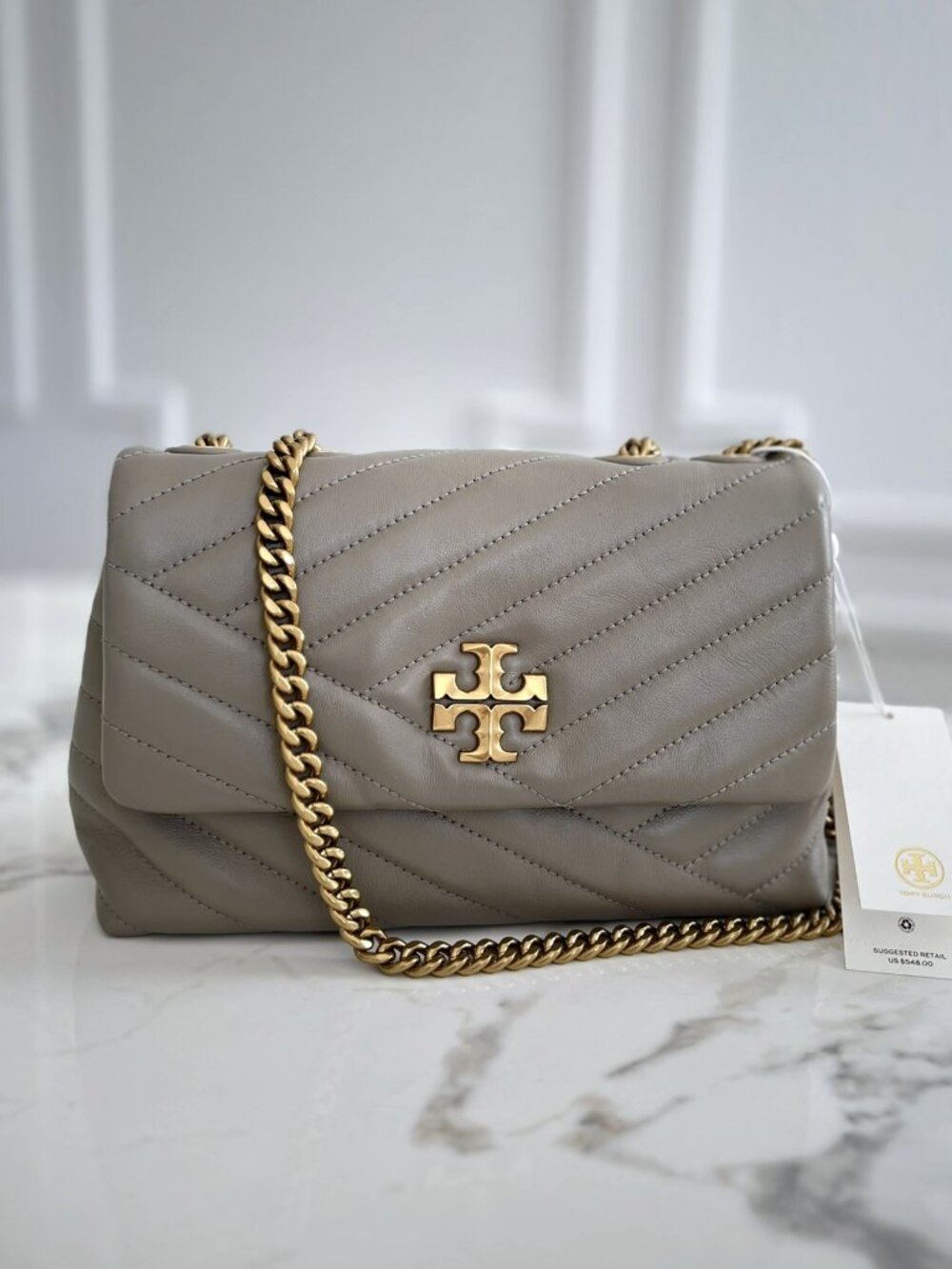 Tory Burch Quilted Shoulder Bag in Taupe with Gold Hardware NWT